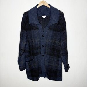 J. Jill Blue Wool Blend Cardigan Button Sweater Patch Pockets Women's Large Blue